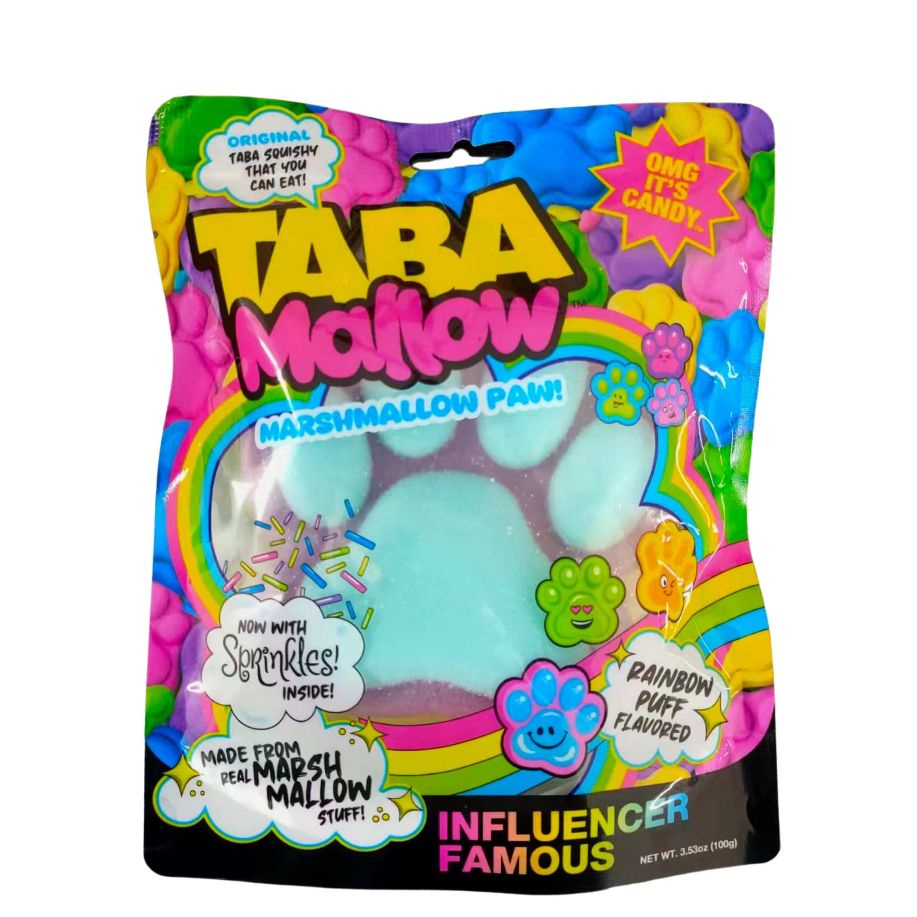 Taba Mallow Paw - Edible Squishy Marshmallow with Sprinkles - Soft. Squishy. Totally fun. Product sold 12 units per case.