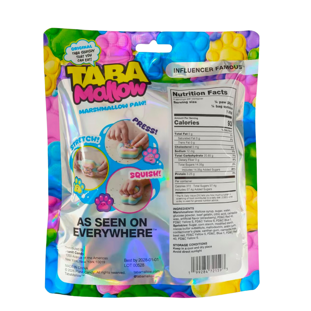 Taba Mallow Paw - Edible Squishy Marshmallow with Sprinkles - Soft. Squishy. Totally fun. Product sold 12 units per case.