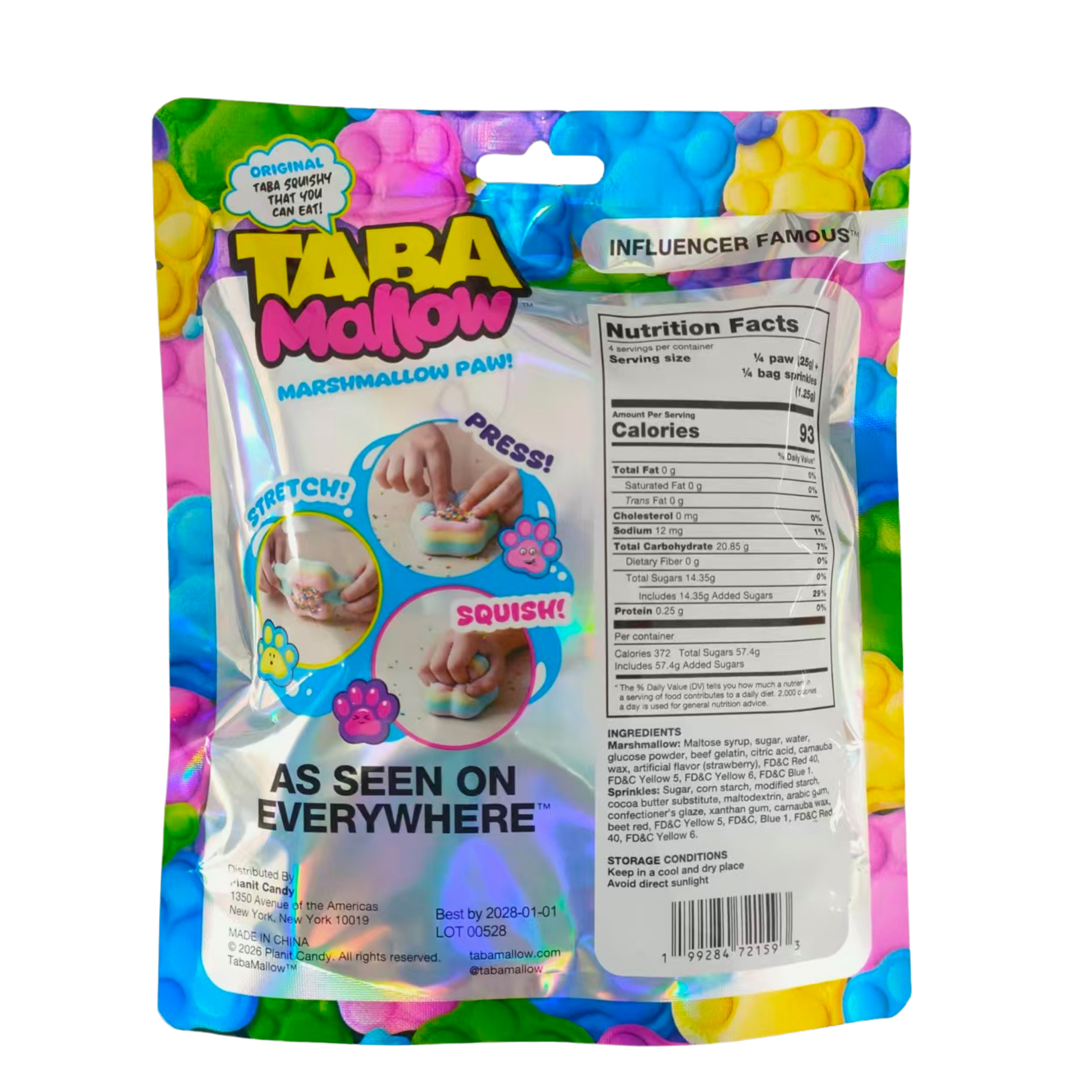 Taba Mallow Paw - Edible Squishy Marshmallow with Sprinkles - Soft. Squishy. Totally fun. Product sold 12 units per case.